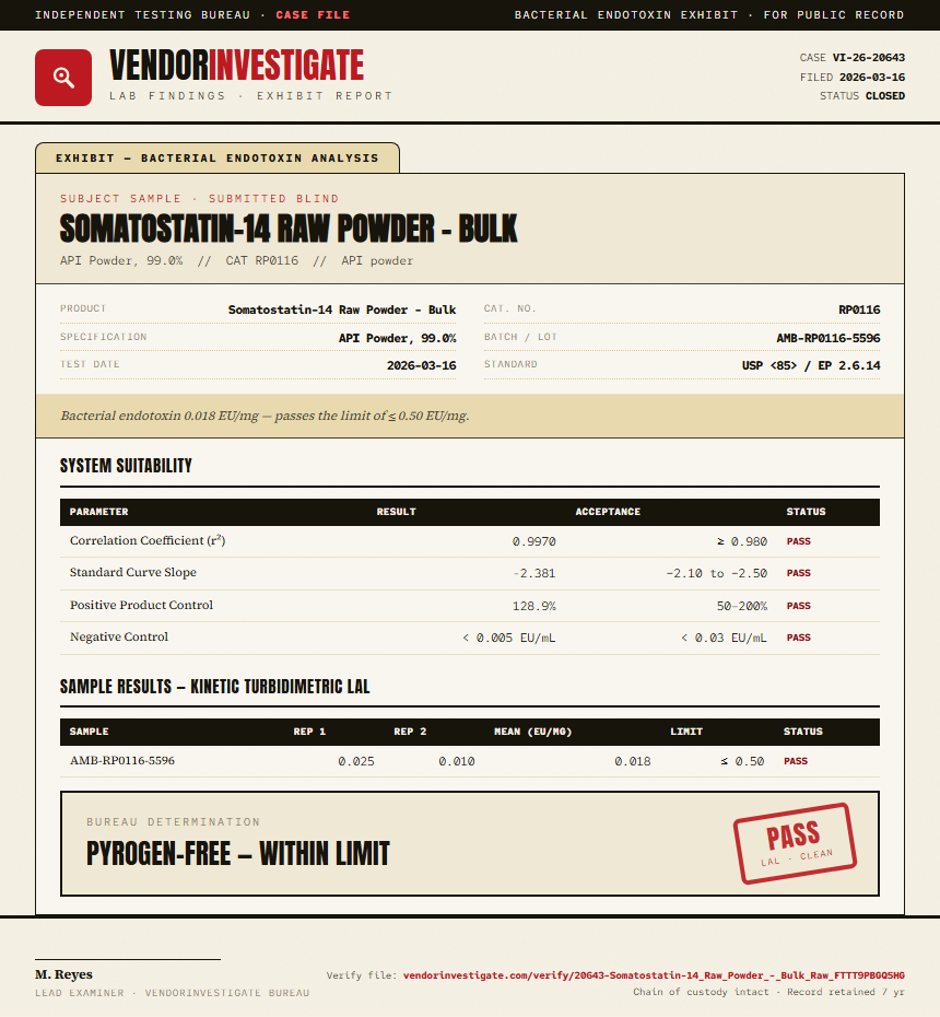 Somatostatin-14 Raw Powder - Bulk Endotoxin report by VendorInvestigate